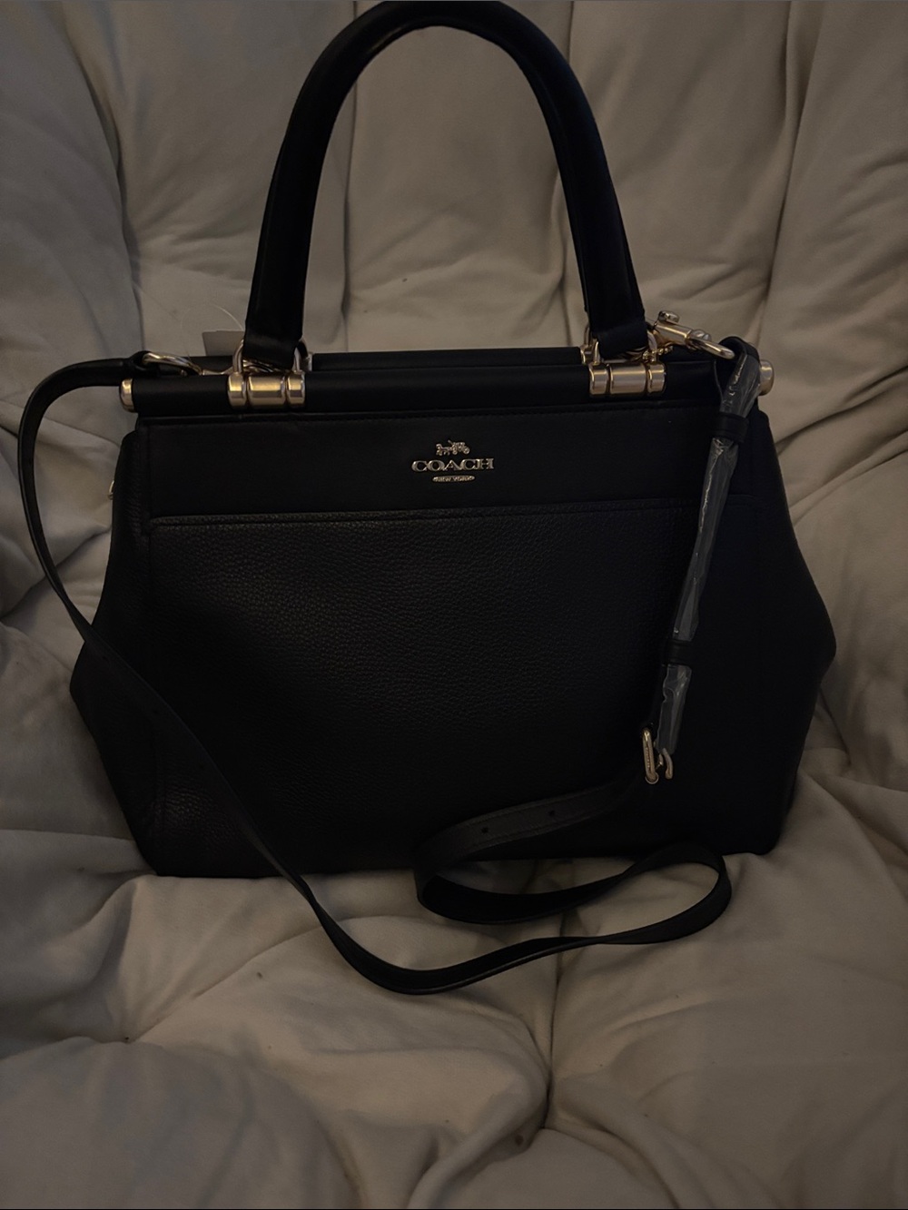 Coach Grace Black Pebbled Leather Structured Satchel with Shoulder Strap